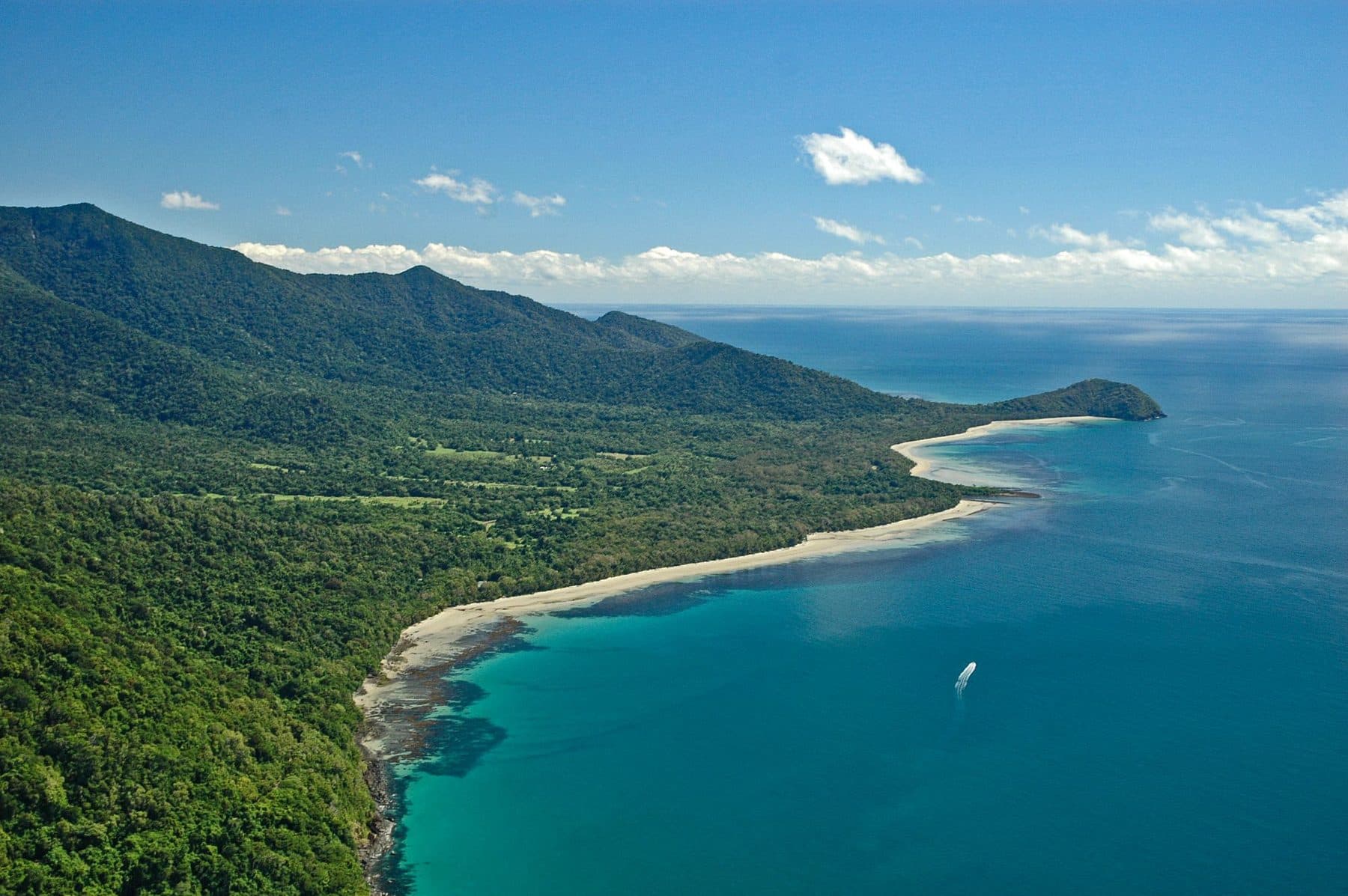 Aerial view of rainforest-covered mountains meeting a turquoise sea and long sandy beach