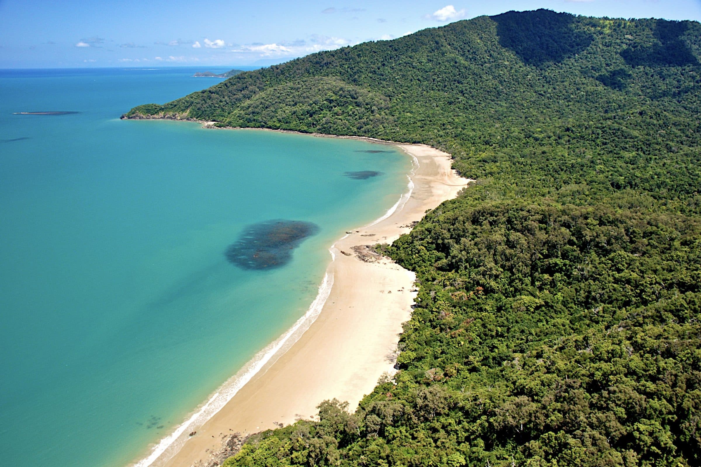 Aerial view of a curved beach at Cow Bay, where Daintree rainforest meets turquoise water